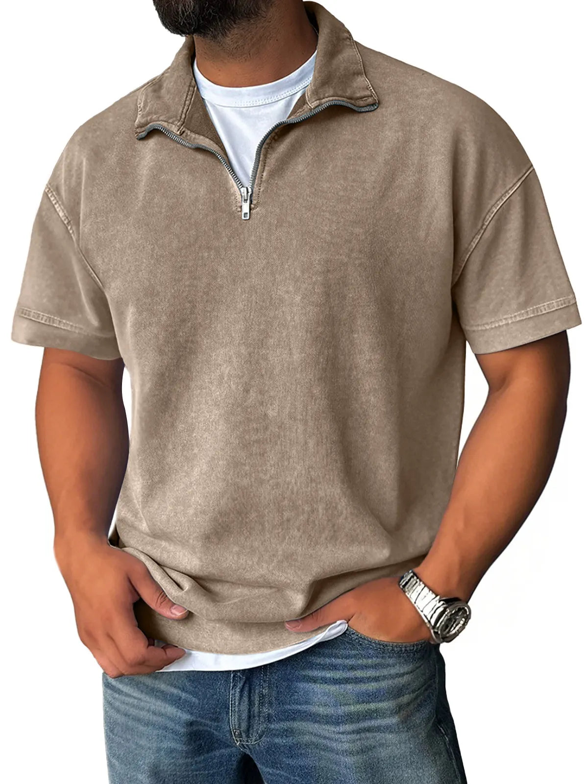 Men's Retro Stand Collar Zipper Casual Solid Color Short Sleeve T-Shirt