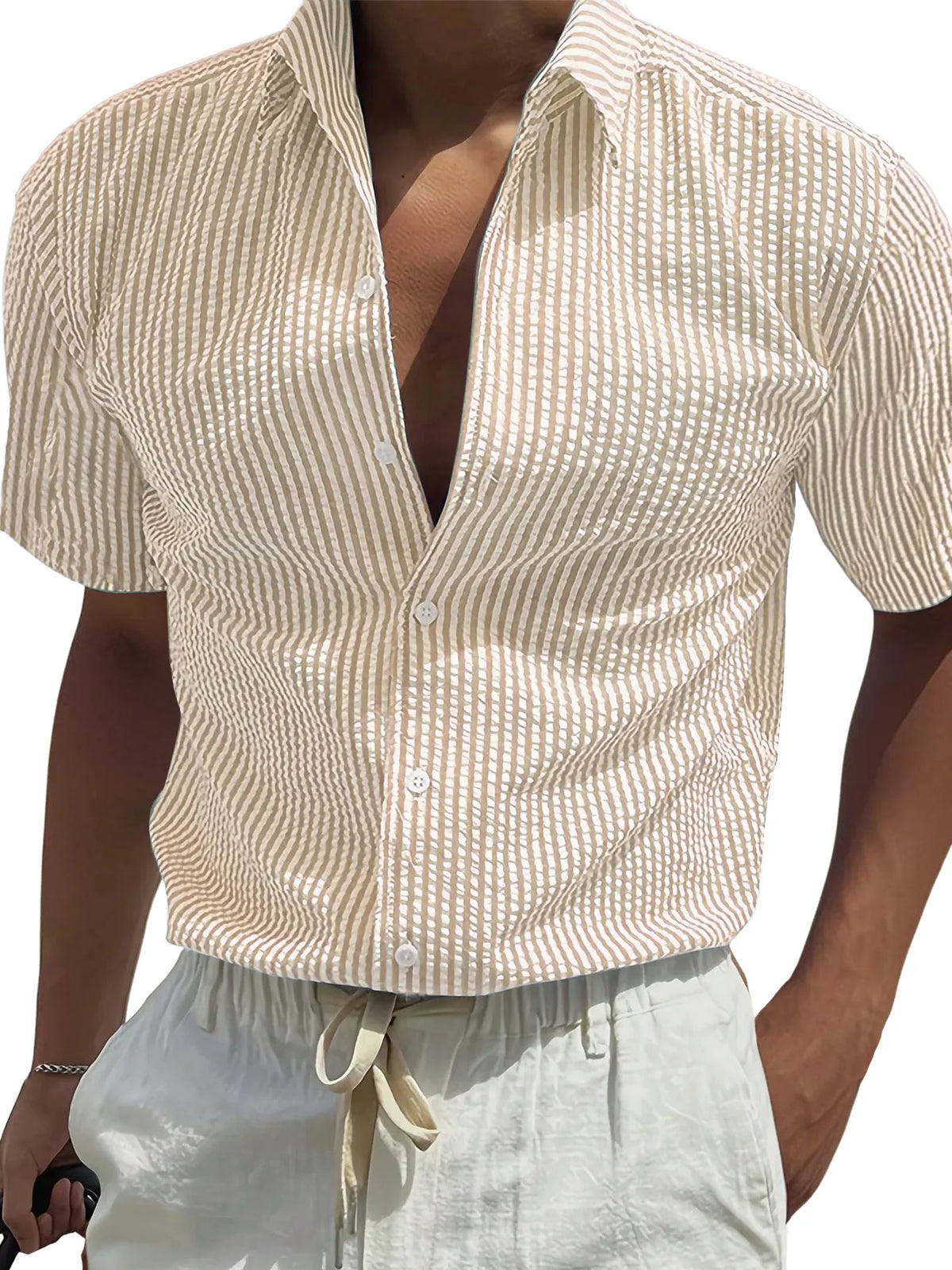 Men's Fashion Texture Striped Short-sleeved Shirt