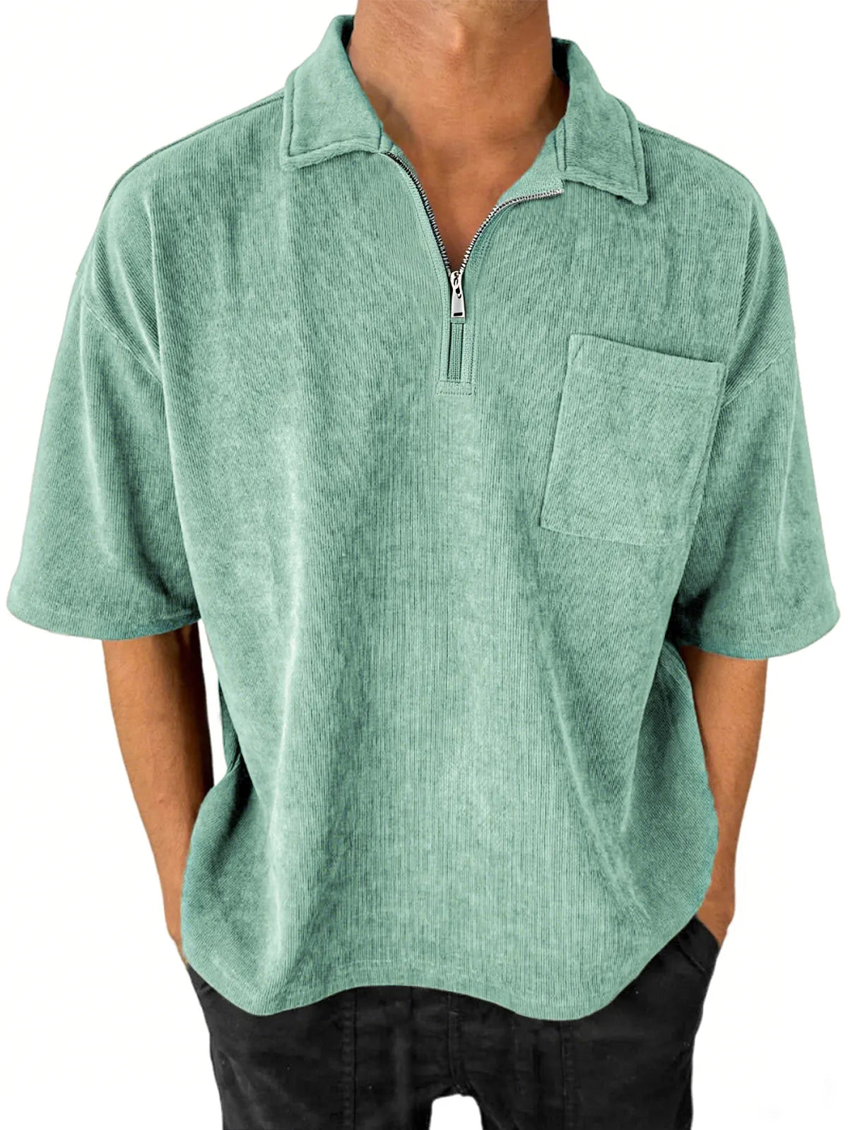 Men's Stylish Ribbed Quarter-Zip Lapel Corduroy Casual POLO Shirt With Chest Pocket
