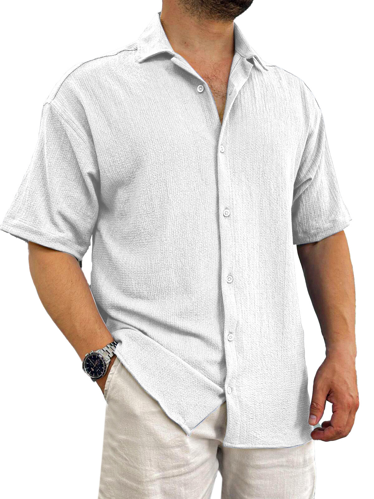 Men's Casual Daily Solid Color Texture Solid Color Short-sleeved Shirt