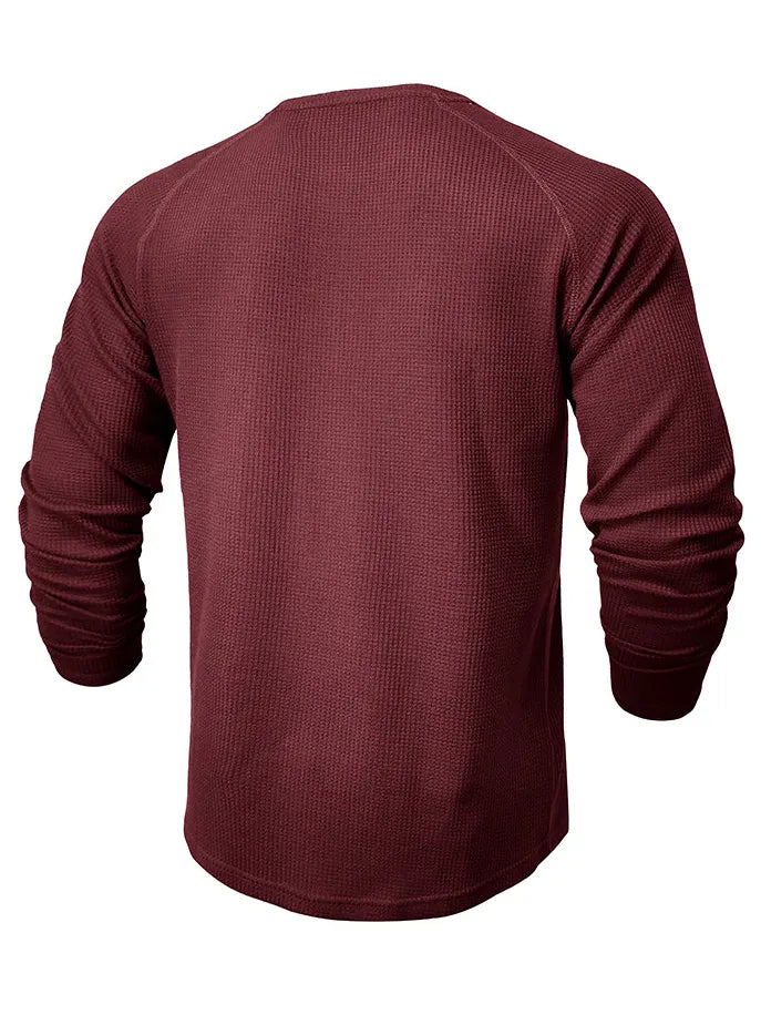 Men's Waffle Henley Collar Textured Long-sleeved Top