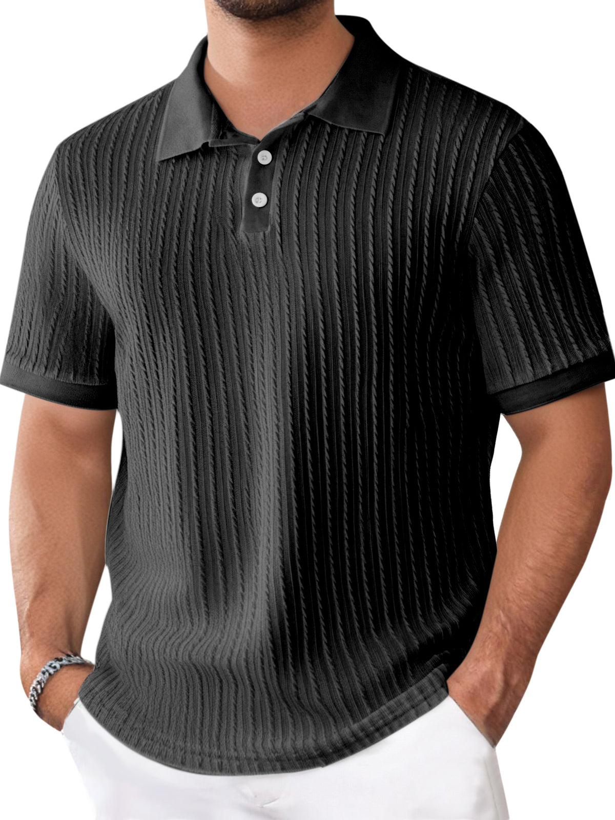 Men's Daily Solid Color Texture Short-sleeved Button-down Polo Shirt