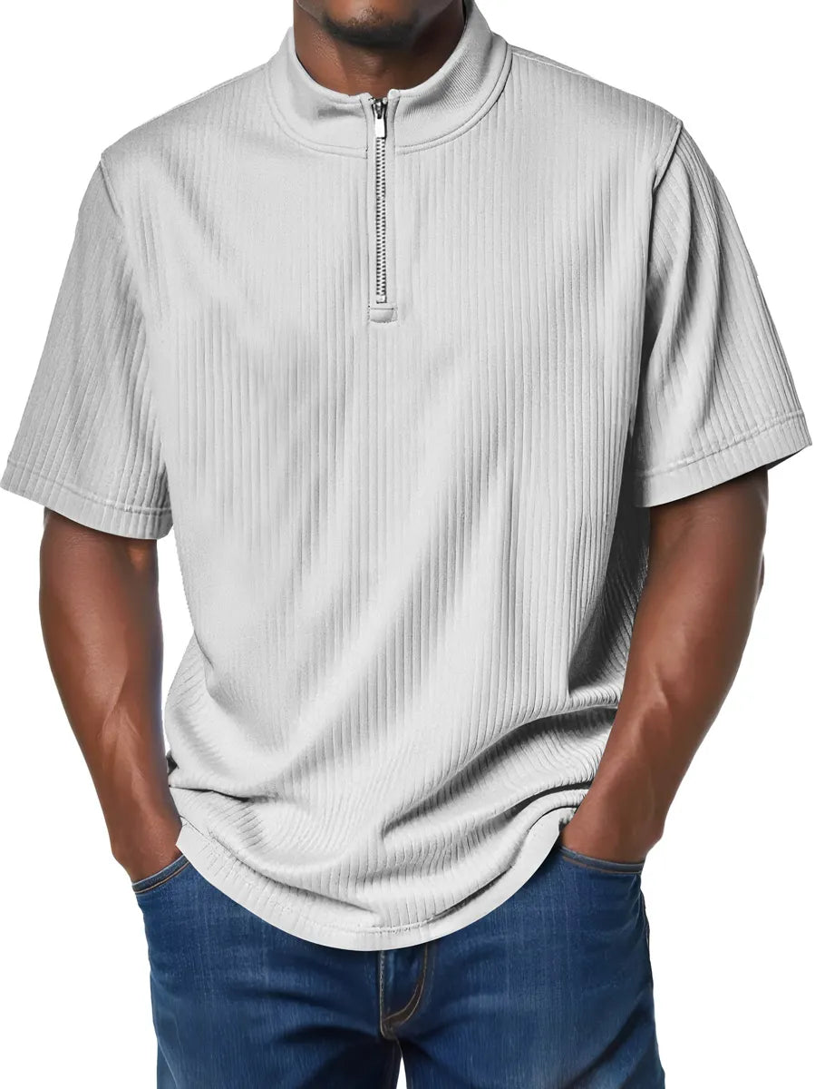 Men's Fashion Stand Collar Zipper Ribbed Texture Casual Comfort Short Sleeve T-shirt