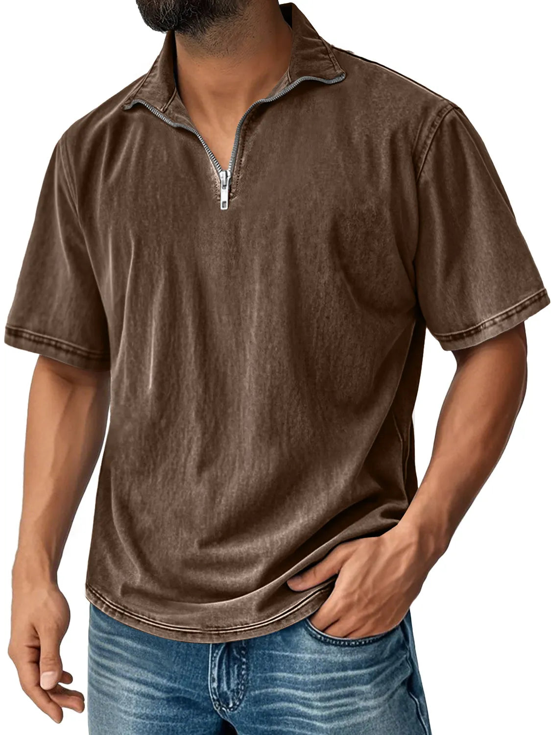 Men's Retro Stand Collar Zipper Casual Solid Color Short Sleeve T-shirt
