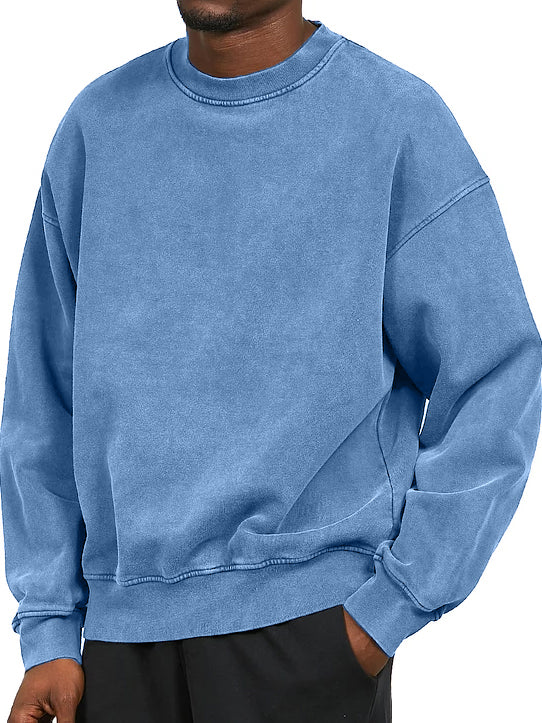 Men's Washed Distressed Cotton Basic Round Neck Long-sleeved Sweatshirt