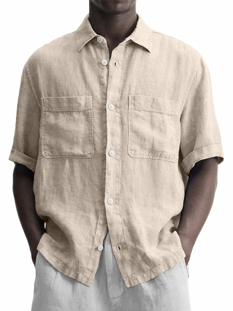 Men's Cotton And Linen Double Pocket Classic Casual Versatile Short-sleeved Shirt