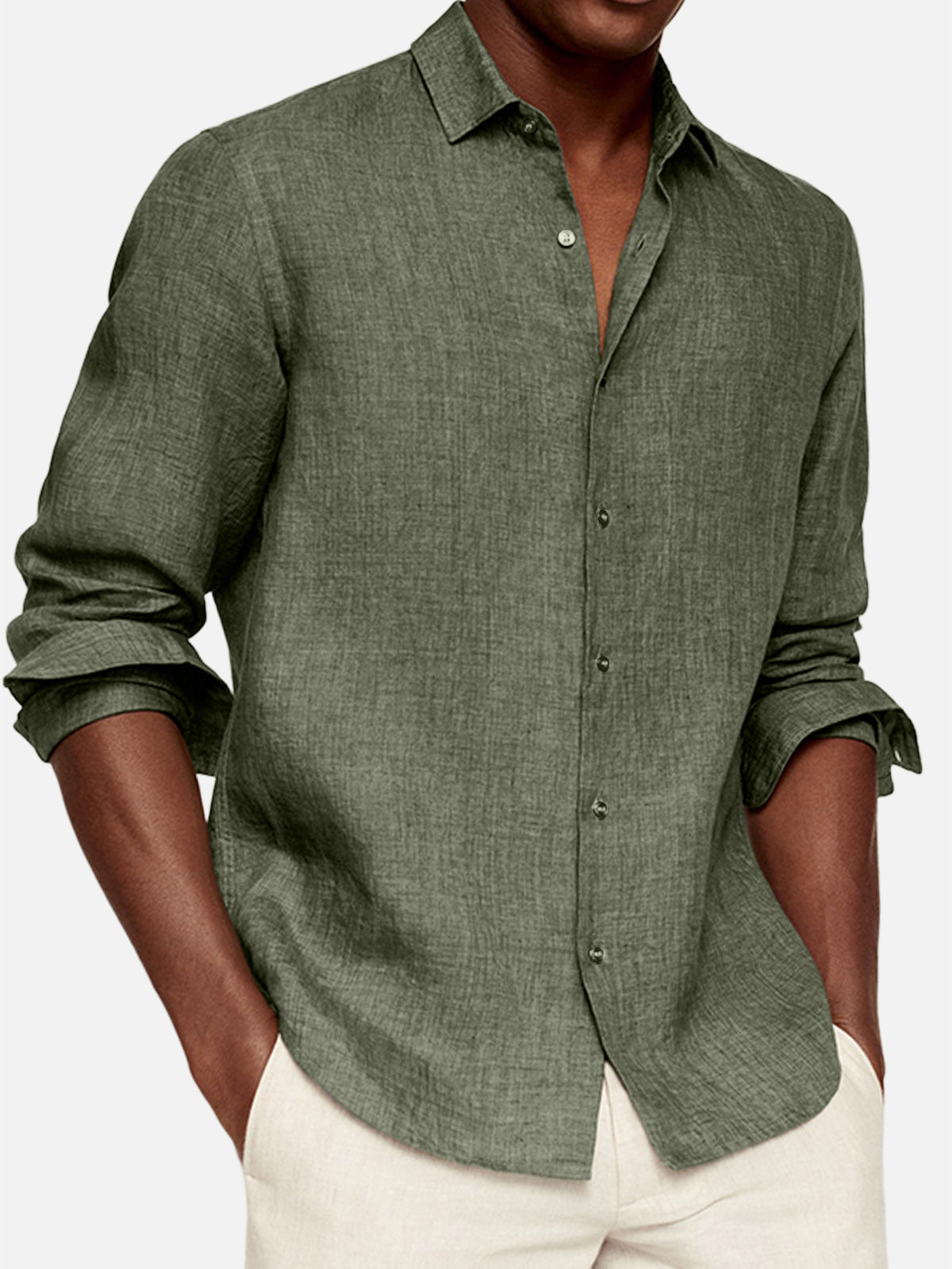 Men's Casual Cotton And Linen Solid Color Lapel Comfortable Long-sleeved Shirt