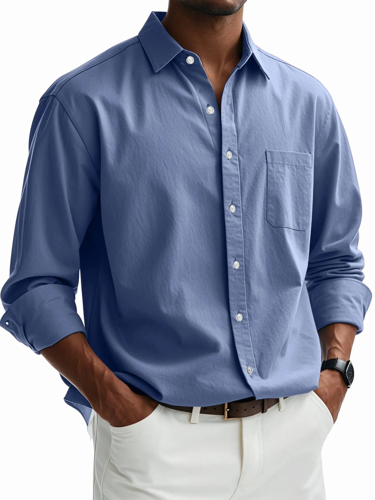 Men's Casual Cotton Pocket Basic Long Sleeve Shirt