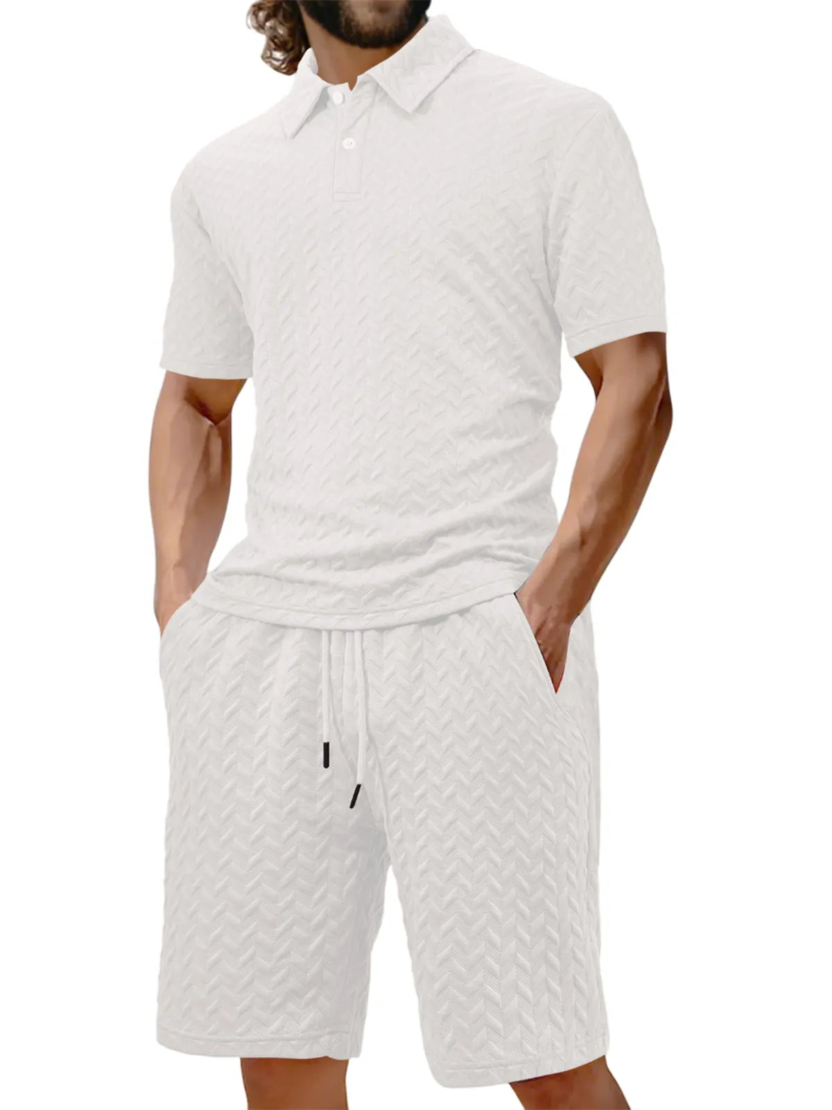 Men's Jacquard Texture Holiday Casual Polo Shirt Lapel Short-sleeved Shorts Suit