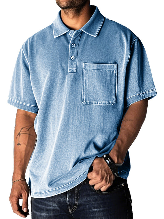 Men's Fashion Retro Distressed Pocket Short Sleeve Lapel Polo Shirt