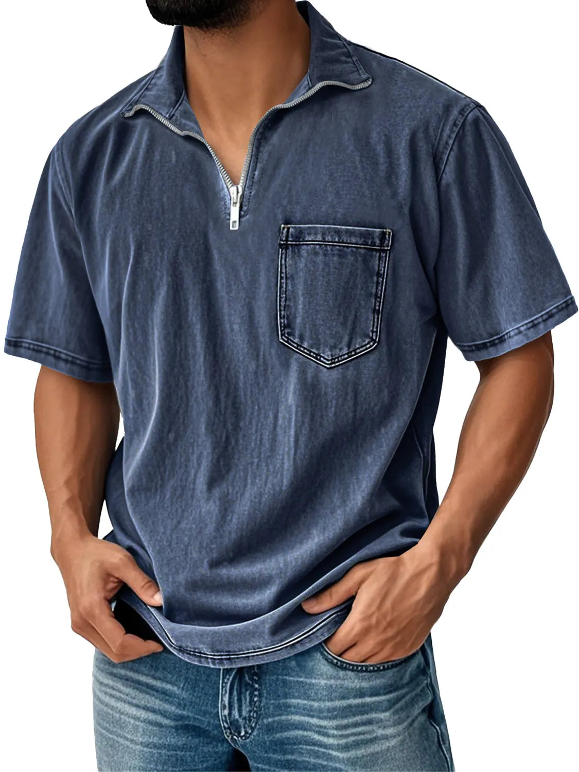 Men's Retro Daily Stand Collar Zipper Pocket Casual Short Sleeve T-shirt