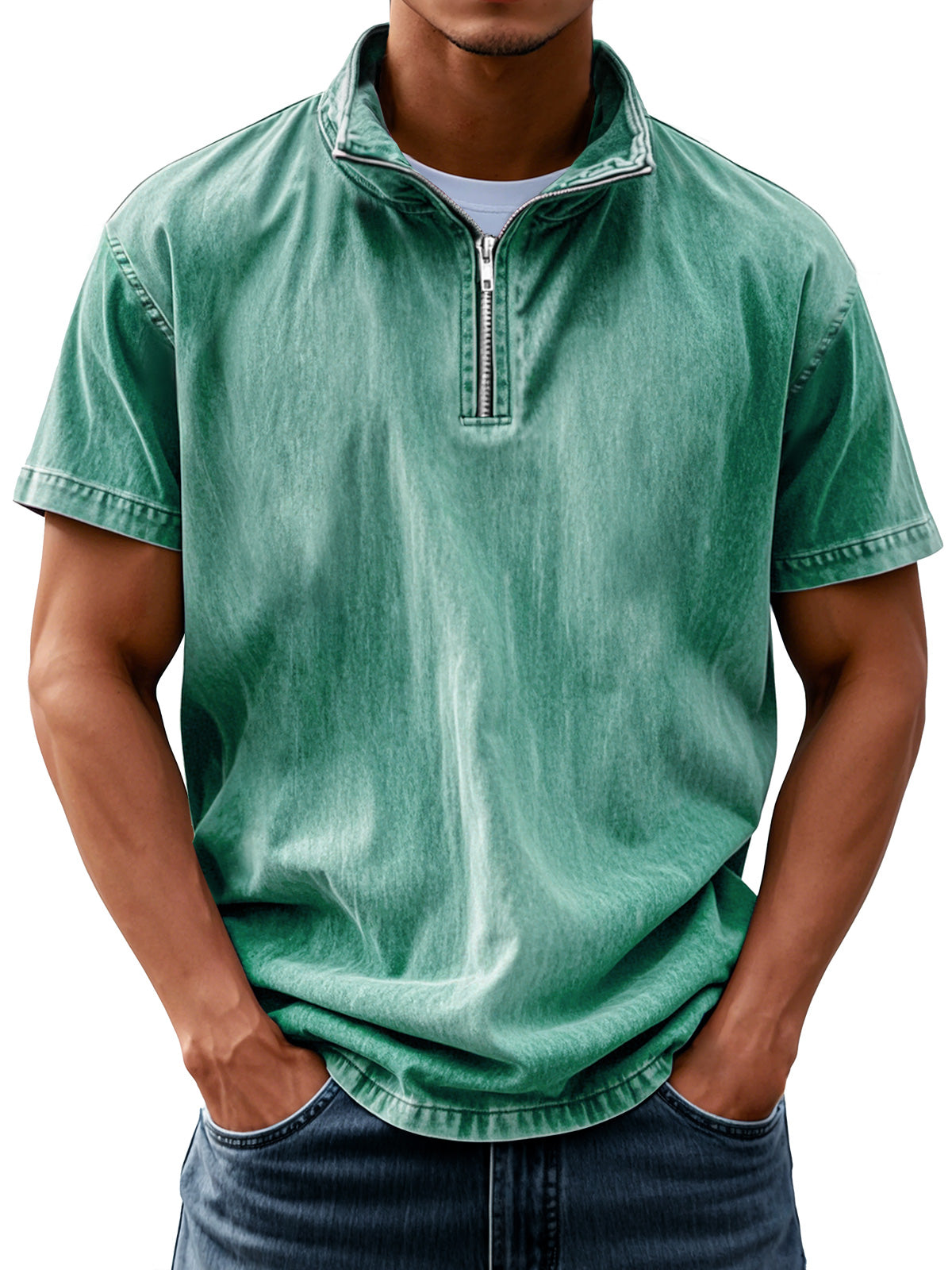 Men's Retro Everyday Stand Collar Zipper Solid Color Short Sleeve Shirt