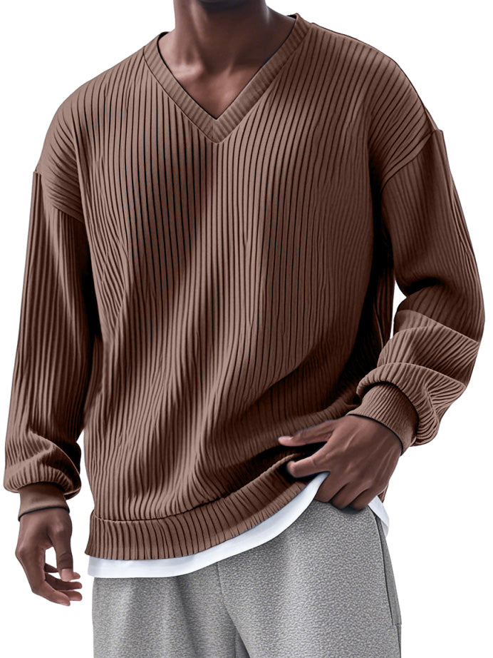 Men's Everyday Loose V-neck Vertical Long-sleeved T-shirt