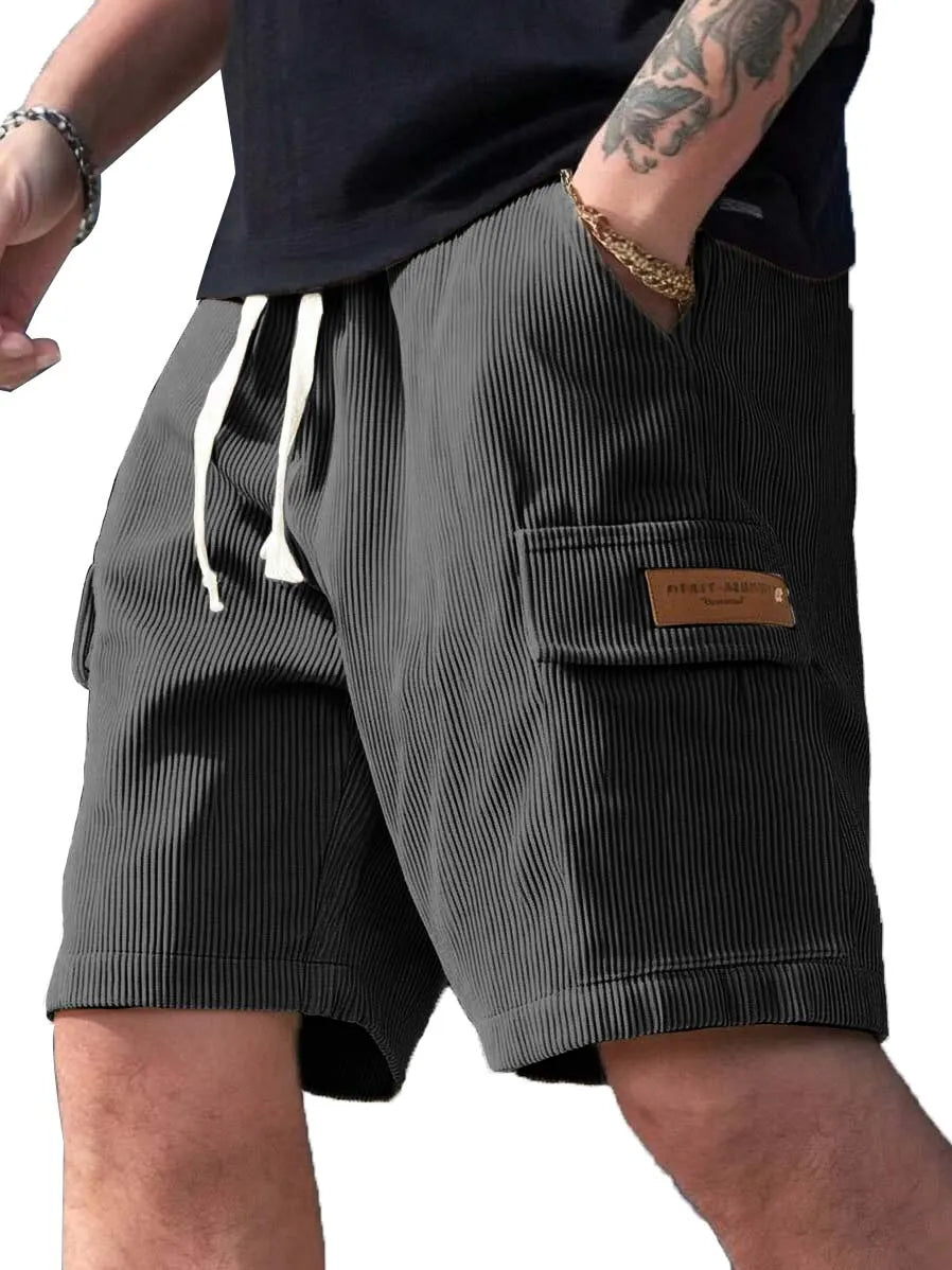 Men's Fashion Retro Workwear Pocket Ribbed Embroidered Logo Shorts