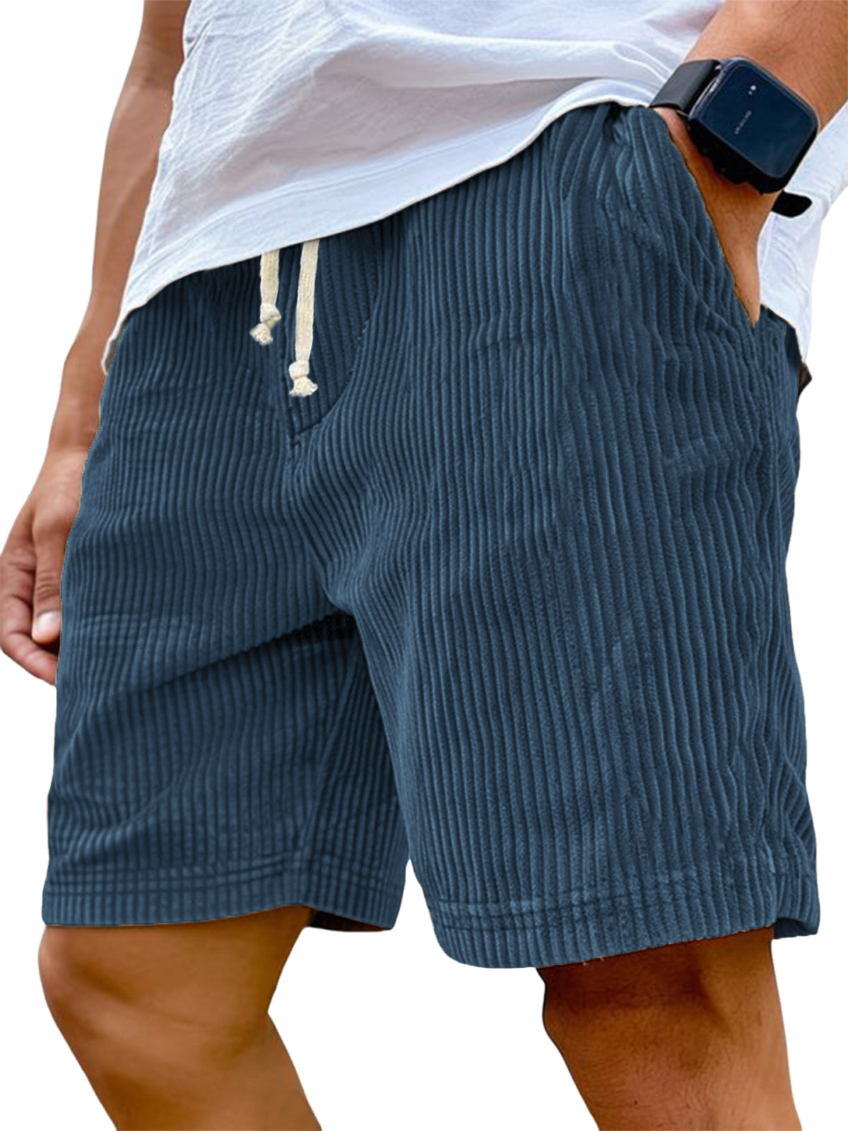 Men's Stylish Ribbed Vertical Striped Corduroy Loose Lace-up Casual Shorts