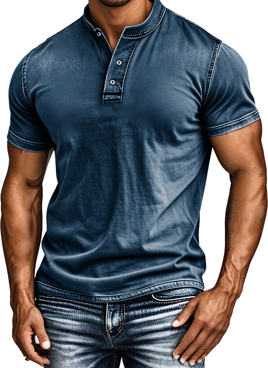 Men's Fashion Retro Distressed Lapel Short-sleeved Henley Shirt