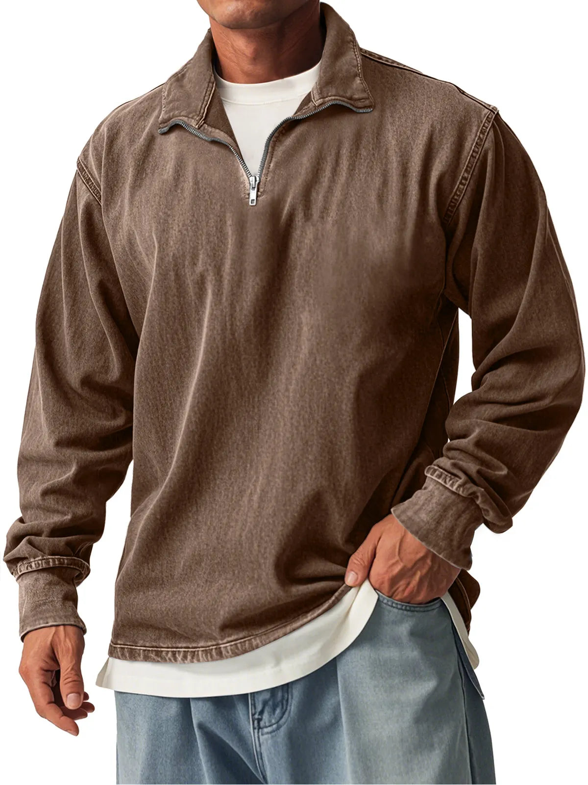Men's Retro Casual Stand Collar Zipper Long Sleeve T-Shirt