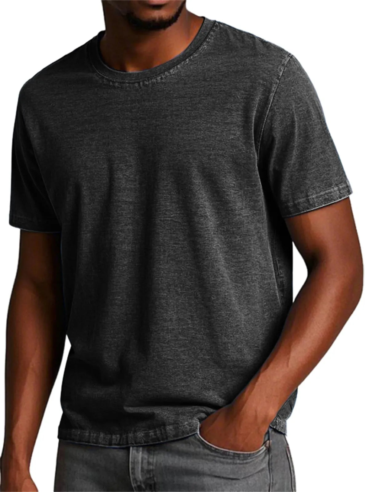 Men's 100% Cotton Washed And Distressed Retro Casual Round Neck Short-sleeved T-shirt