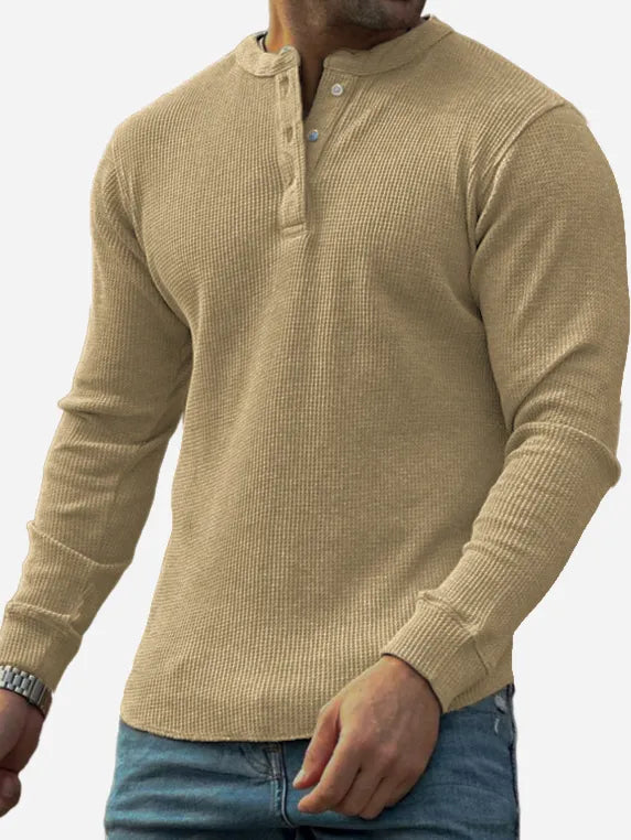 Men's Textured Waffle Trend Long Sleeve Lapel Henley