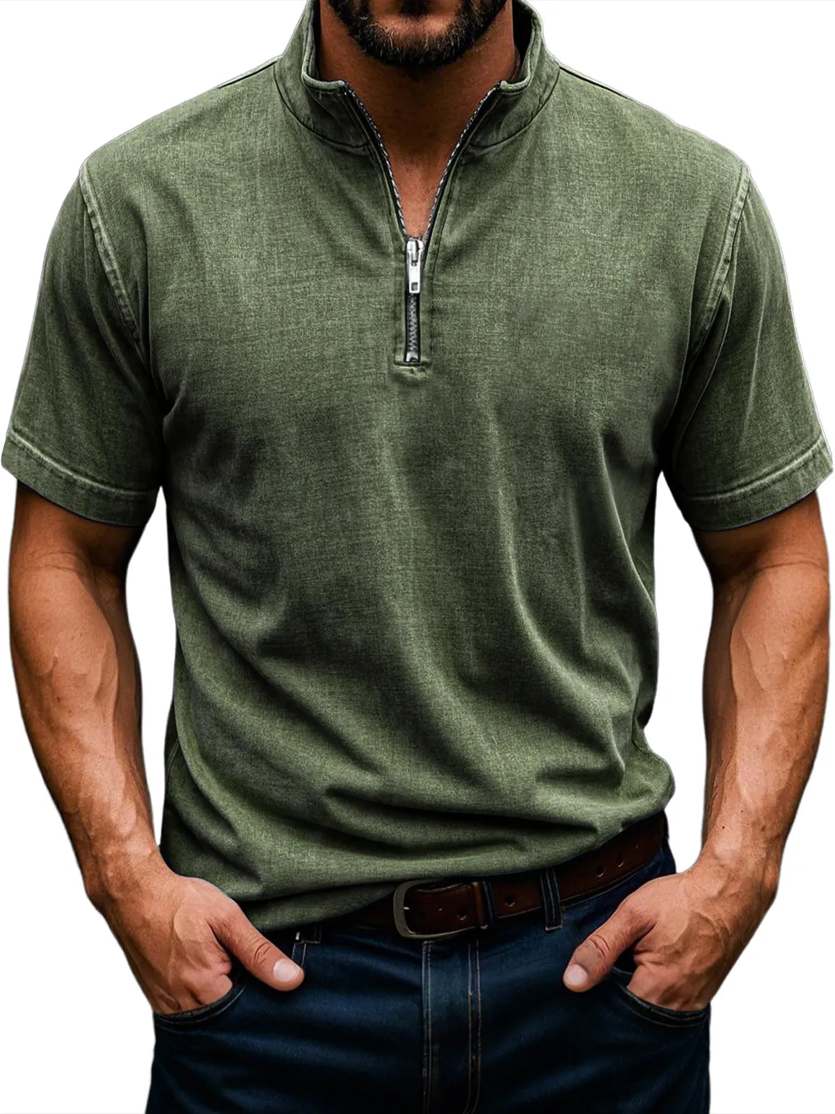 Men's Retro Stand Collar Zipper Casual Solid Color Short Sleeve T-Shirt
