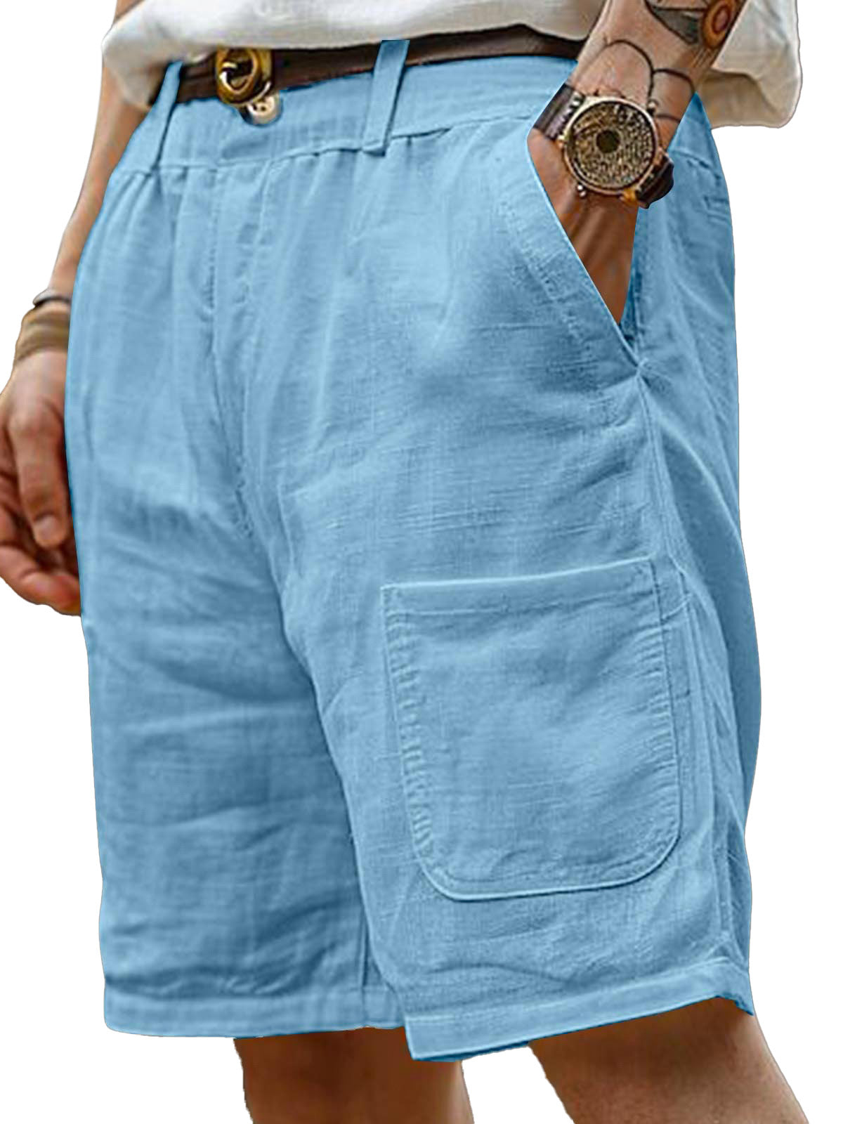Men's Summer Loose And Comfortable Cotton And Linen Pocket Beach Shorts