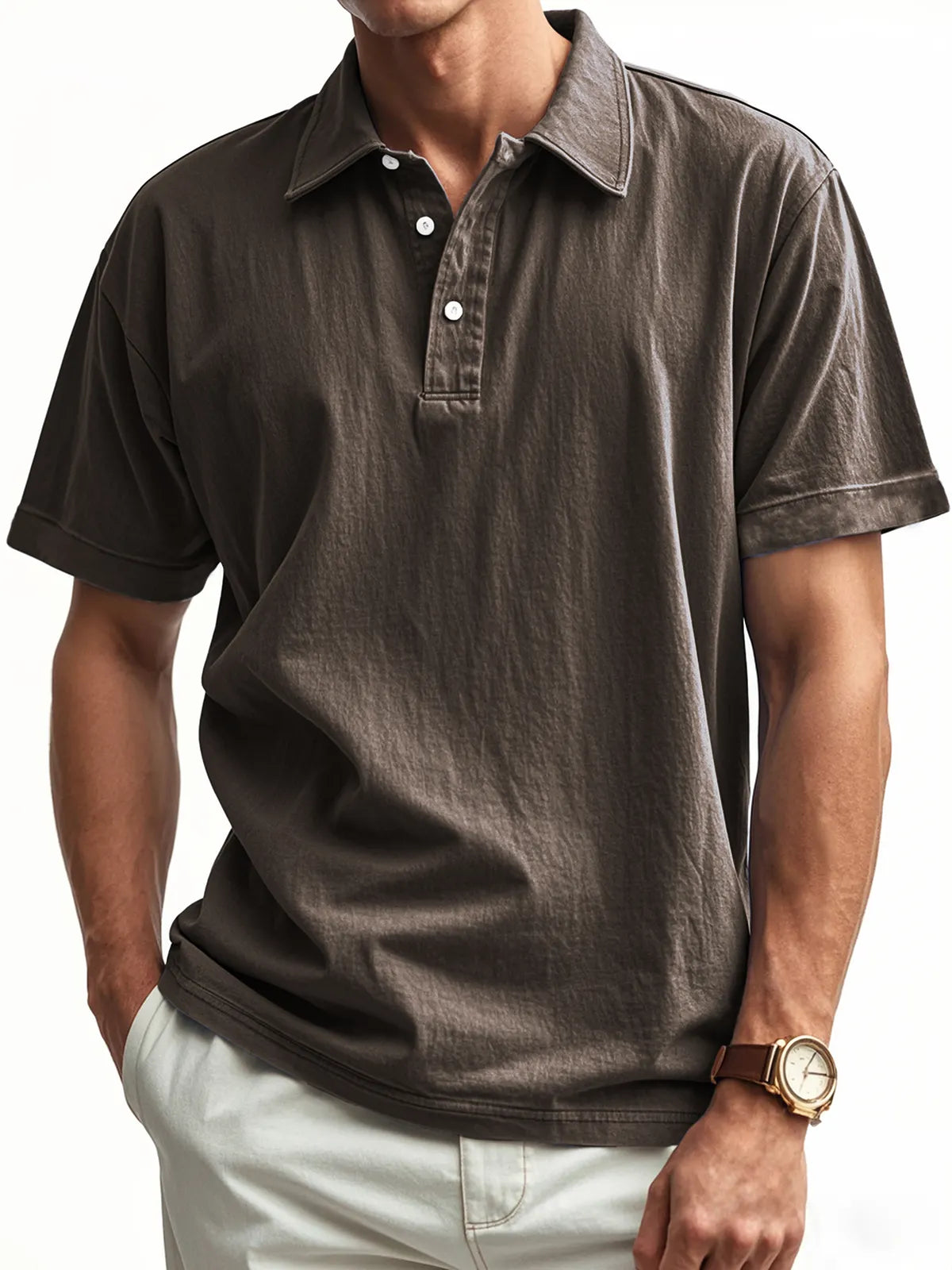 Men's Retro Washed Distressed Button Lapel Casual POLO Shirt