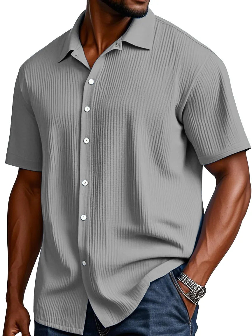 Men's Comfortable Solid Color Texture Short Sleeve Button Shirt