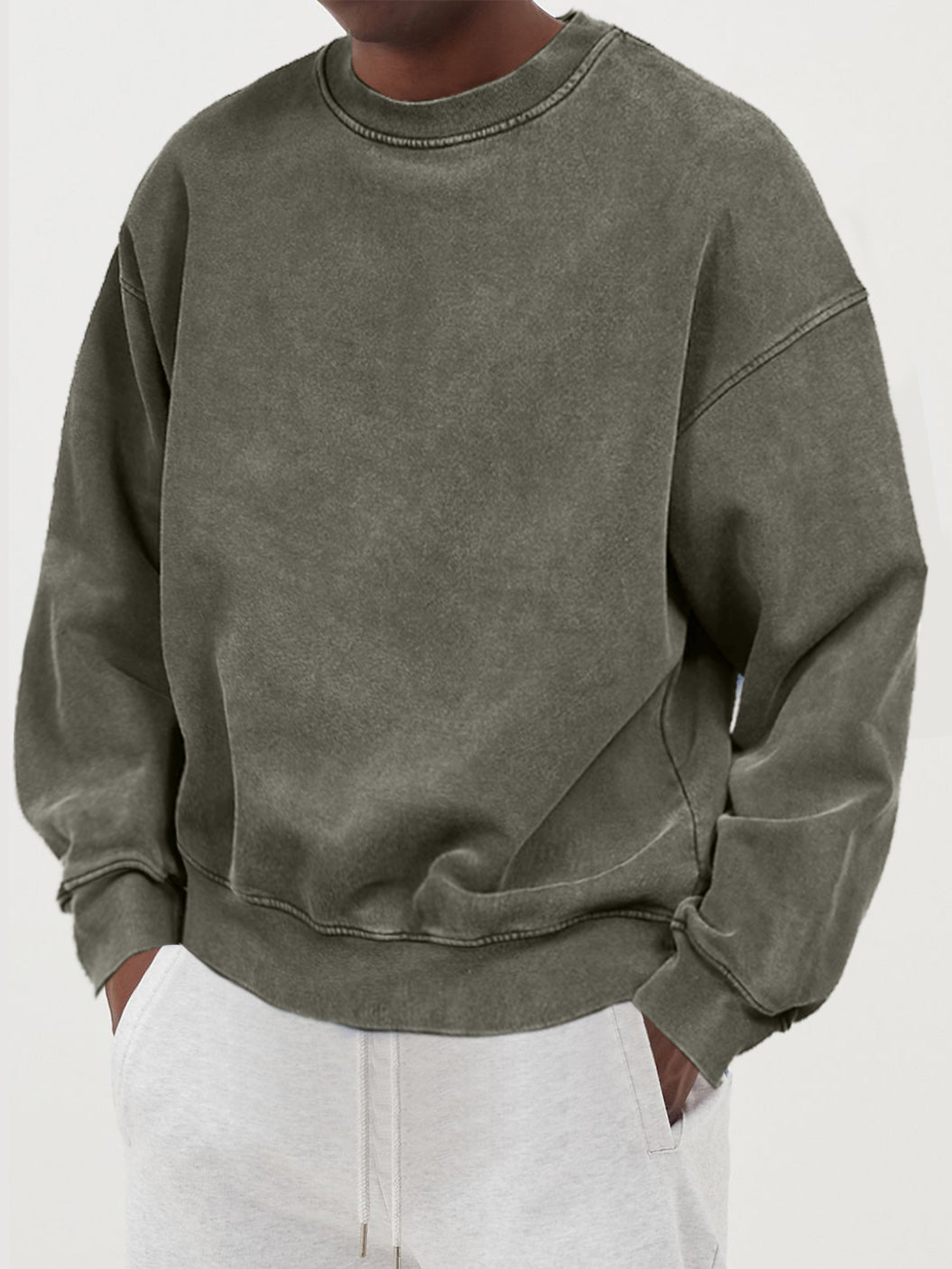 Men's Distressed Washed Cotton Round Neck Long-sleeved Sweatshirt