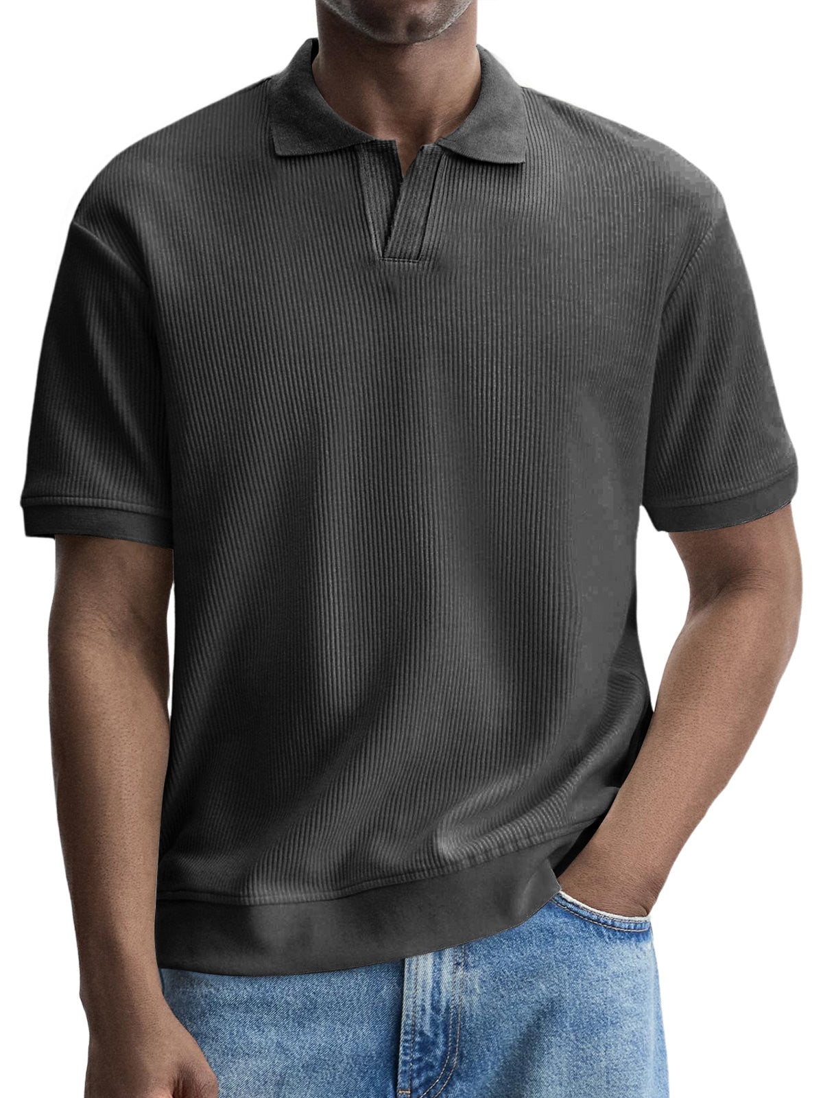 Men's Fashionable Casual Pitted V-neck Solid Color Short-sleeved Polo Shirt