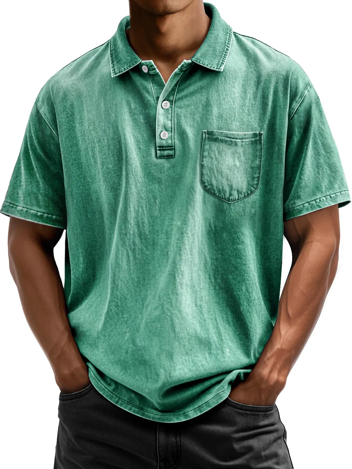 Men's Vintage Cotton Washed Distressed Lapel Pocket Short Sleeve POLO Shirt