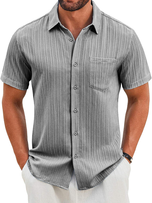 Men's Casual Vertical Striped Textured Lapel Solid Color Short-sleeved Shirt