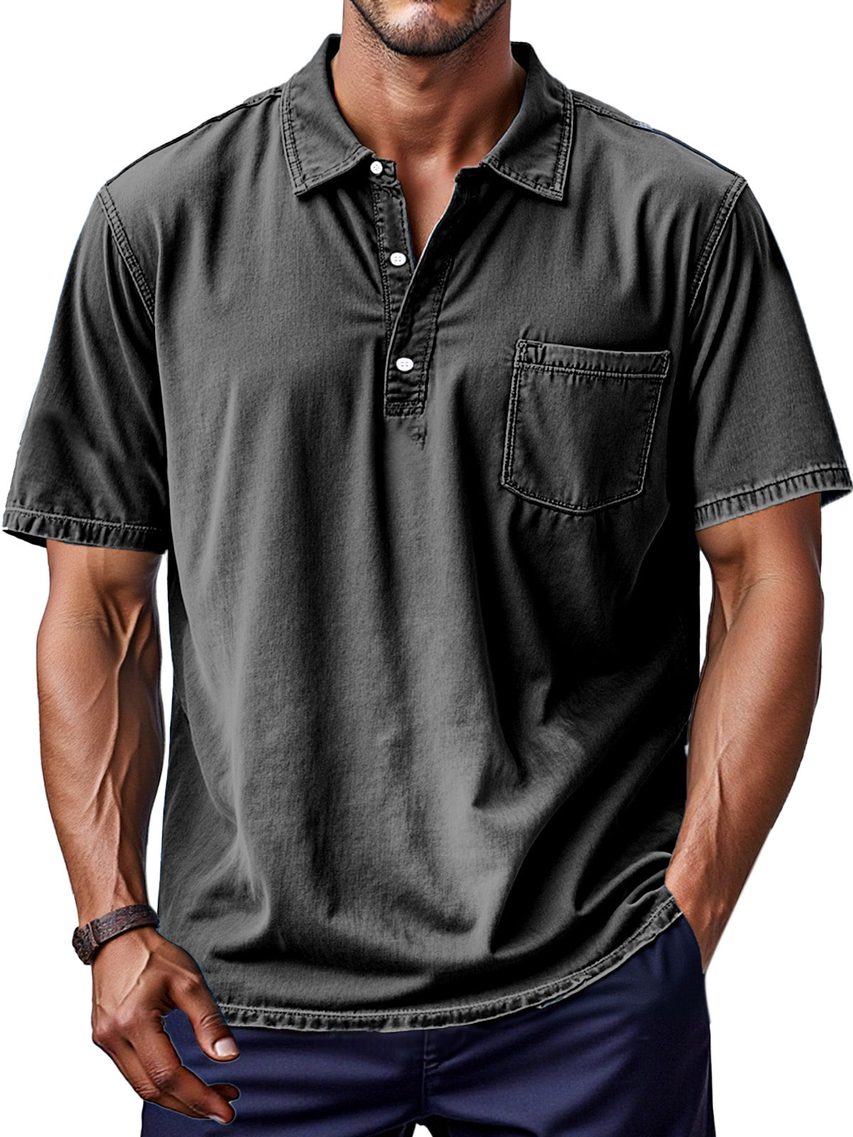Men's Retro Solid Color Comfortable And Breathable Lapel Button-up Polo Shirt