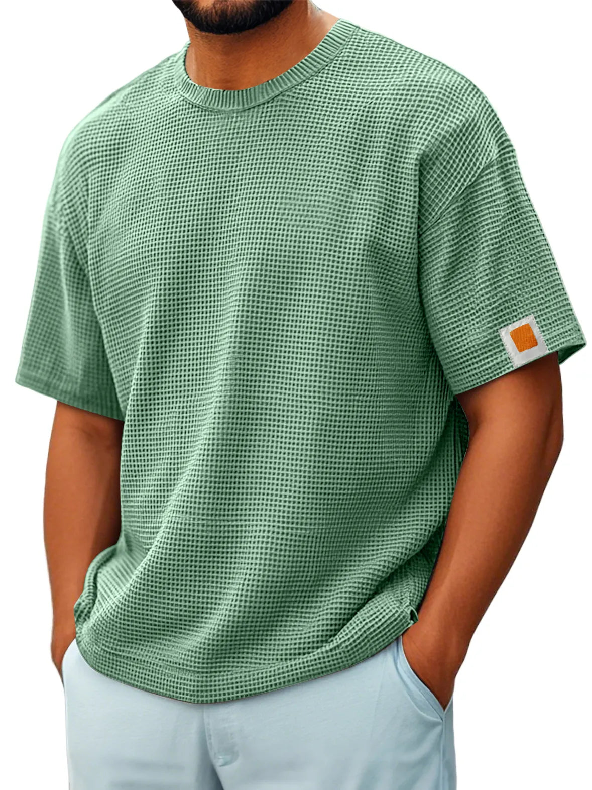Men's Vintage Crew Neck Waffle Embroidered Logo Comfort Short Sleeve T-Shirt