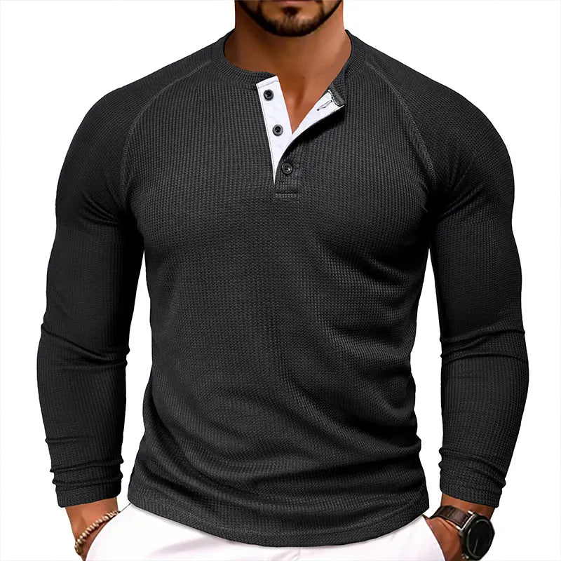 Men's Waffle Henley Collar Textured Long-sleeved Top