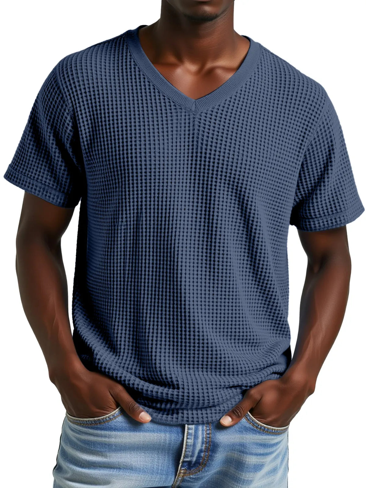 Men's Simple Casual Waffle V-neck Short Sleeve T-shirt