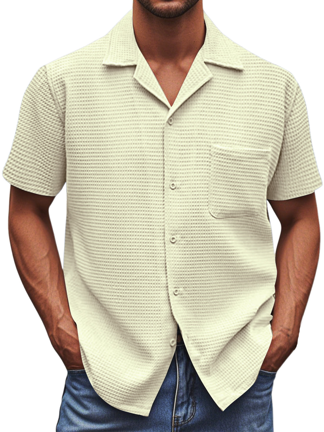 Men's Cuban Collar Waffle Texture Basic Soft And Comfortable Daily Casual Pocket Short-sleeved Shirt