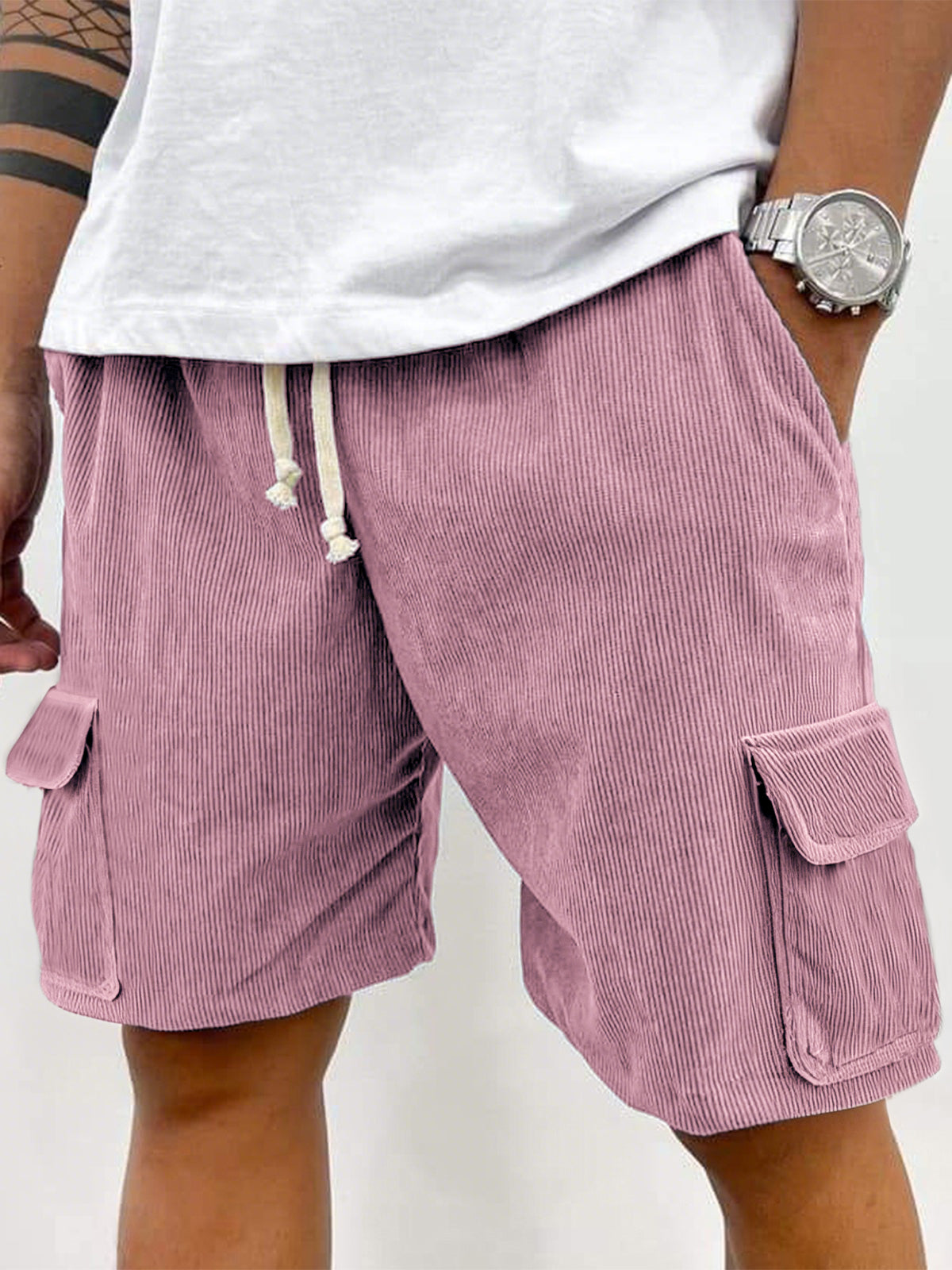 Men's Corduroy Stylish Multi-Pocket Lace Up Utility Casual Cargo Shorts