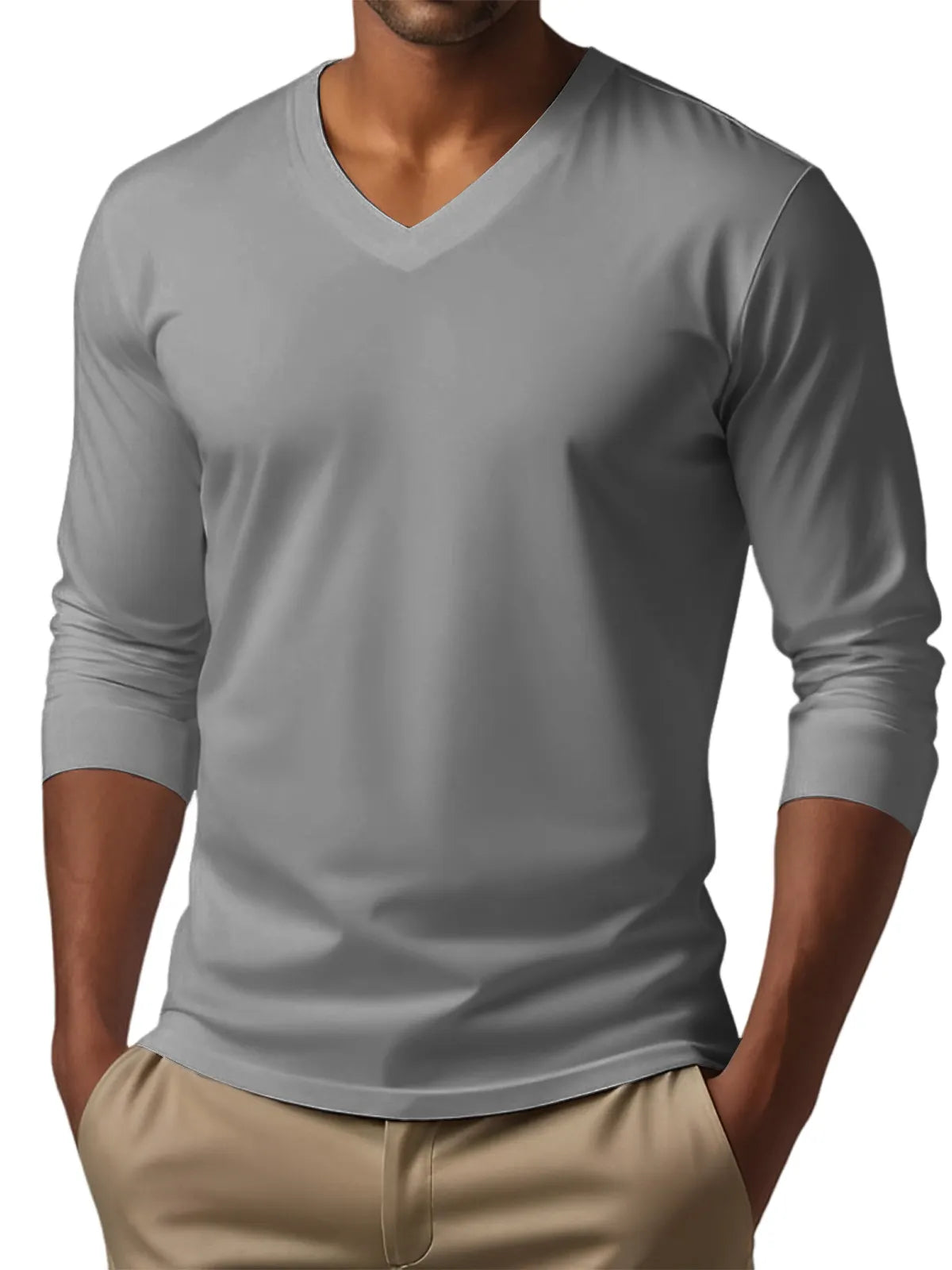 Men's V-neck casual solid color long-sleeved T-shirt