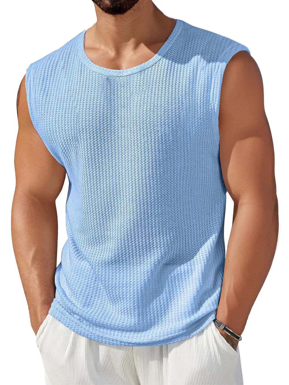 Men's Daily Waffle Round Neck Casual Solid Color Sleeveless Vest