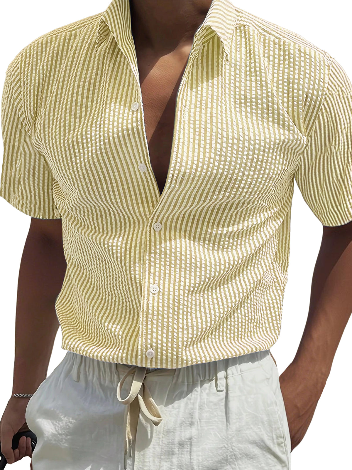 Men's Fashion Texture Striped Short-sleeved Shirt