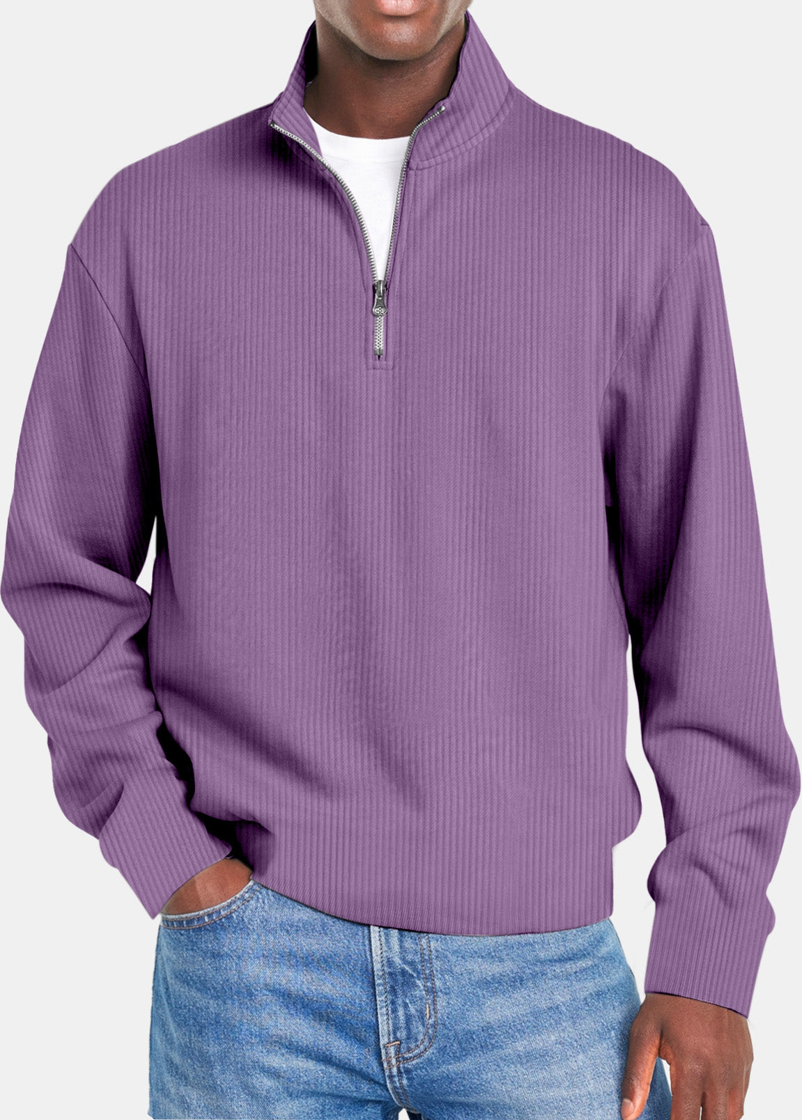 Men's Autumn and Winter Simple Vertical Strip Comfortable Zipper Long-sleeved Polo Shirt