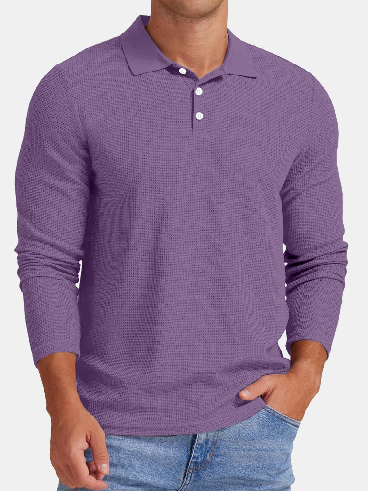Men's Autumn Comfortable Solid Color Waffle Button Long Sleeve Polo Shirt