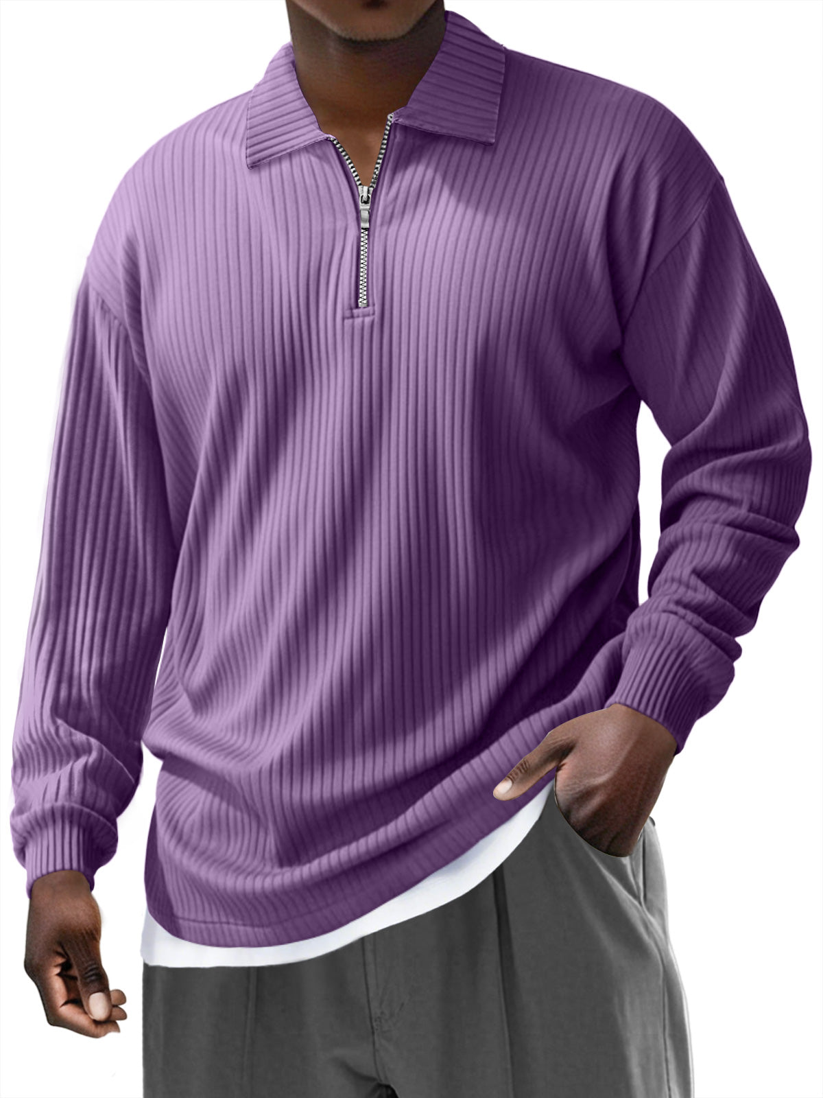 Men's Pit Zipper Lapel Solid Color Long-sleeved Polo Shirt