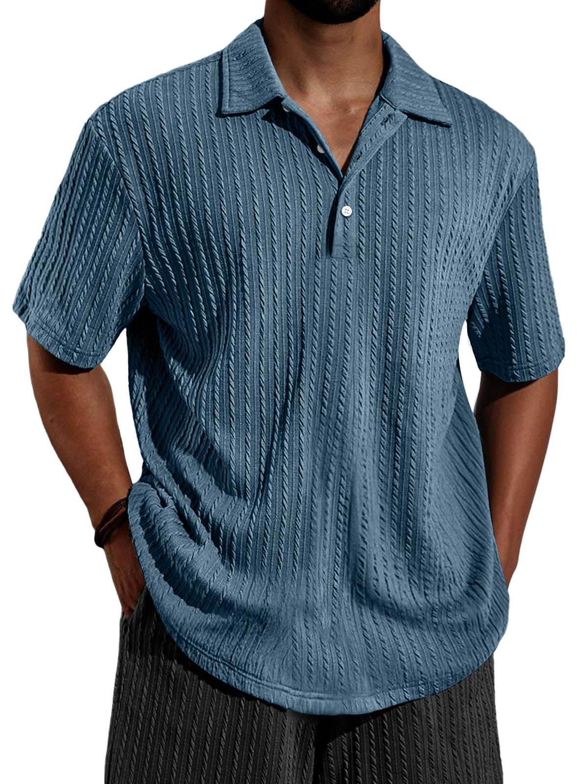Men's Daily Jacquard Texture Casual Lapel Button Short-sleeved Polo Shirt