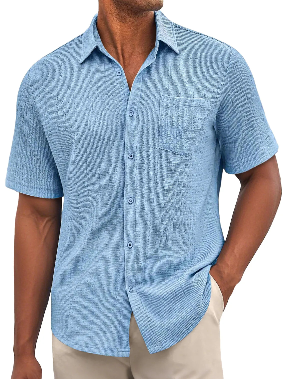 Men's Daily Bubble Wrinkle Casual Pocket Solid Color Short Sleeve Shirt