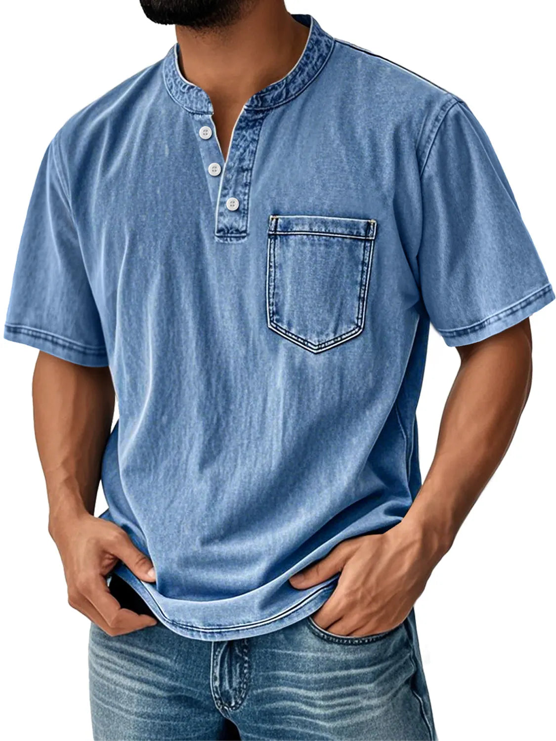 Men's Retro Stand Collar Casual Pocket Solid Color Short Sleeve Henley Shirt