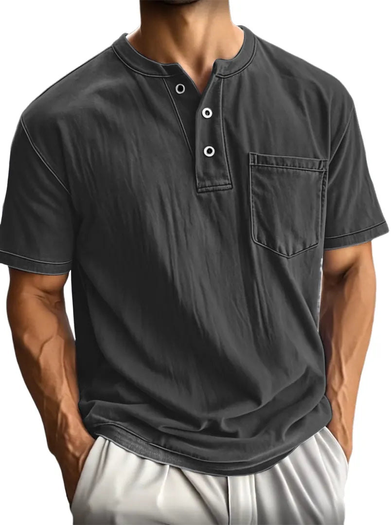 Men's Washed And Distressed Cotton Vintage Henley Collar Short-sleeved T-shirt