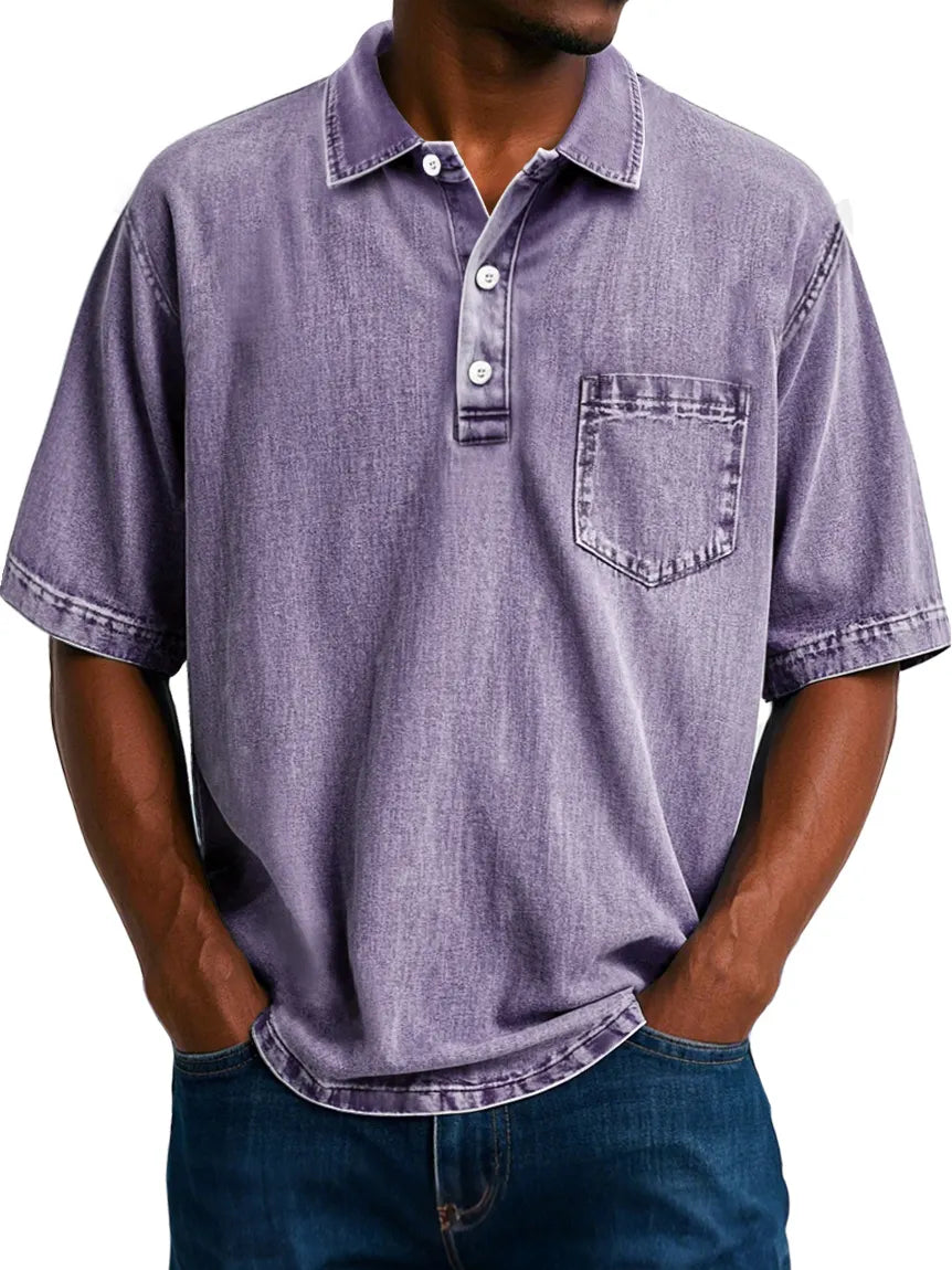 Men's Vintage 100% Cotton Washed Distressed Lapel Pocket Casual Short Sleeve POLO Shirt