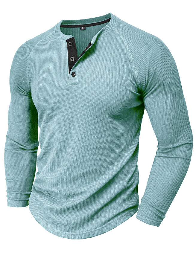 Men's Waffle Henley Collar Textured Long-sleeved Top