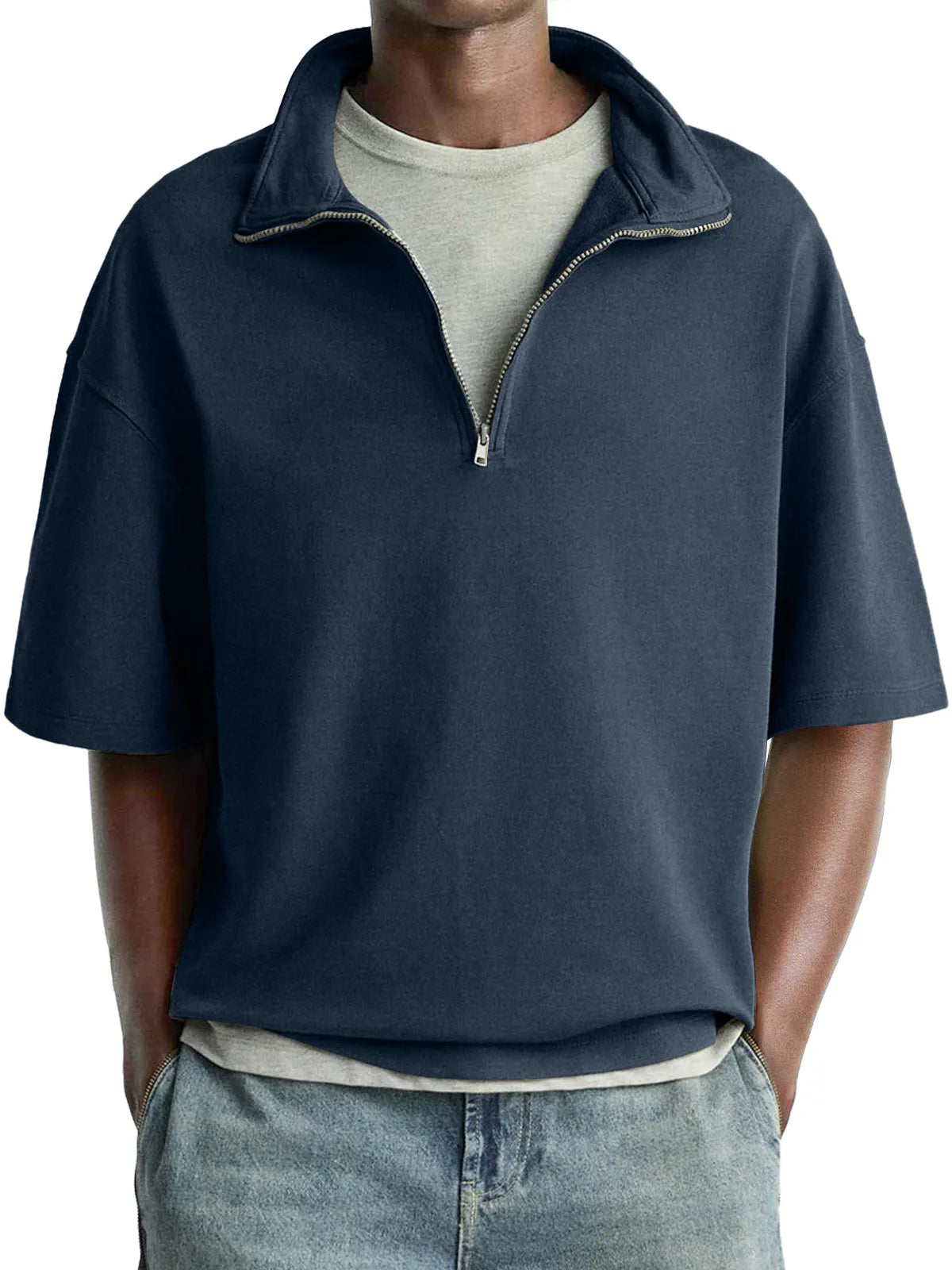 Men's Daily Casual Stand Collar Zipper Comfortable Short-sleeved T-shirt